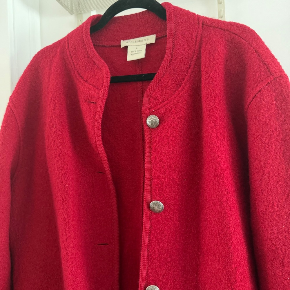 Appleseeds Red Boiled Wool Coat Womens Large Ornate Silver Button Stand Collar - Picture 2 of 9